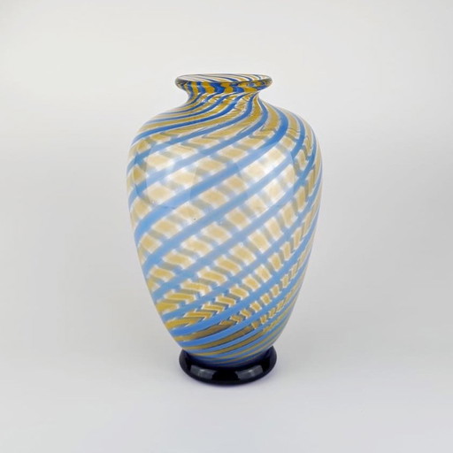 Vintage Murano Swirl Vase Fratelli Toso Blue Yellow Glass Stripes Glass Venice Tonelli Mid - Century Vase 1950s