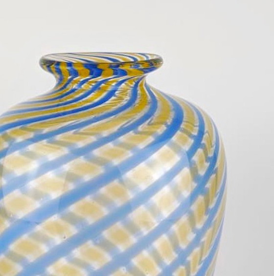 Image 1 of Vintage Murano Swirl Vase Fratelli Toso Blue Yellow Glass Stripes Glass Venice Tonelli Mid - Century Vase 1950s