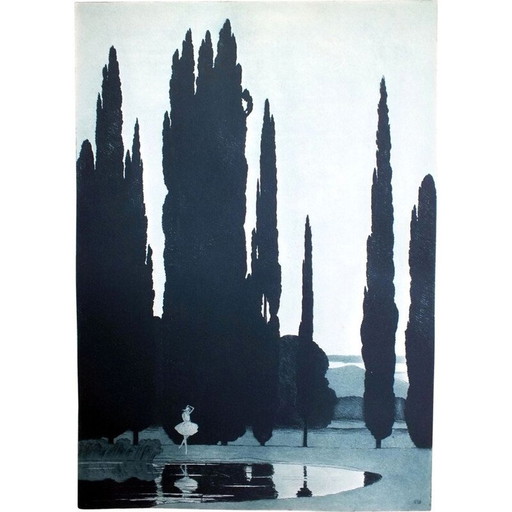 Grabado al aguatinta de El lago de los cisnes de Sir Claude Francis Barry, 1900