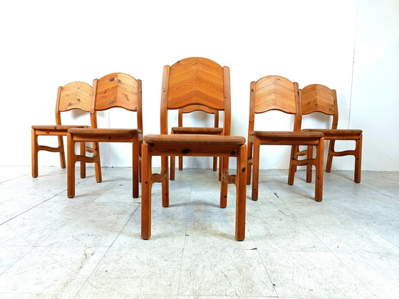 Image 1 of 6x Vintage pine wood dining chairs