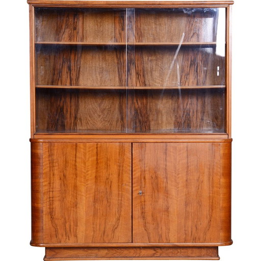 Art Deco vintage walnut bookcase, Czechia 1950s