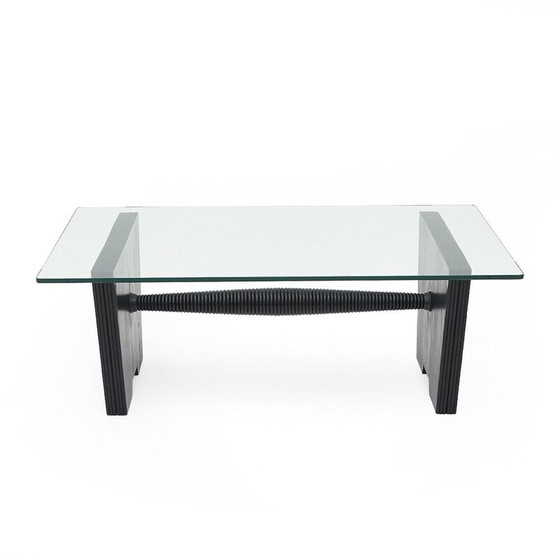 Image 1 of Vintage coffee table with glass top and black stained wood structure, 1930s
