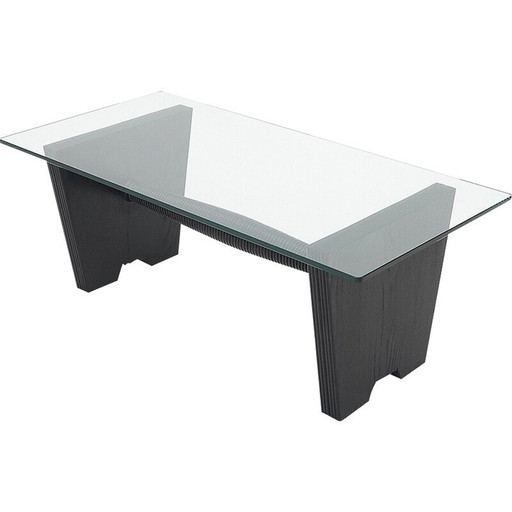 Vintage coffee table with glass top and black stained wood structure, 1930s