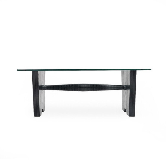 Image 1 of Vintage coffee table with glass top and black stained wood structure, 1930s