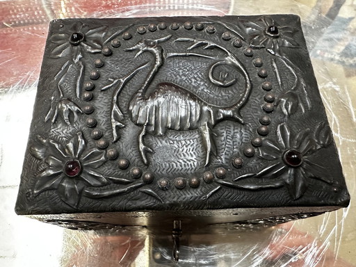 Small Jewelry Box In Ebony Wood, Sculpted Bronze And Set With Amber