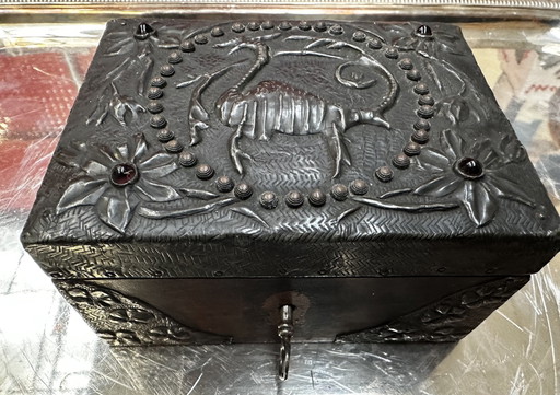 Small Jewelry Box In Ebony Wood, Sculpted Bronze And Set With Amber