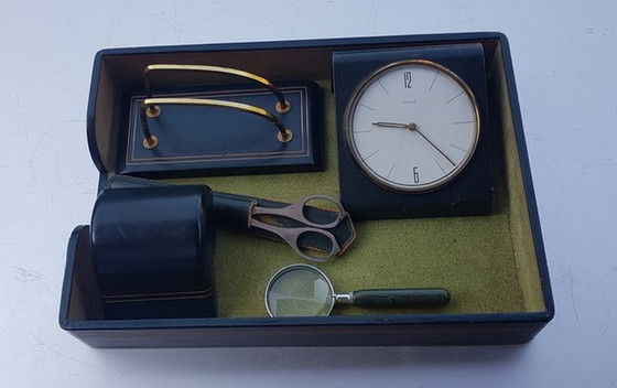 Image 1 of Leather Desk Set With Table Clock From Kienzle International, Set Of 6