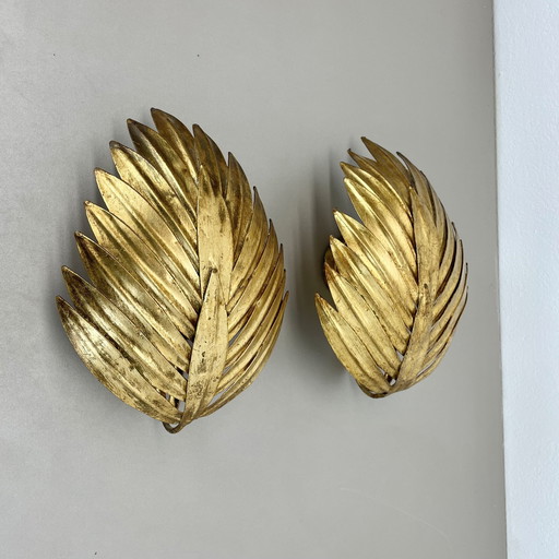 Set Of 2 Hans Kögl Style Golden Florentiner Leaf Wall Light Sconces, Italy, 1980