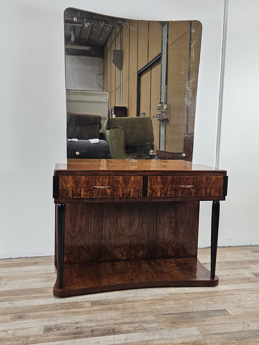 Art Decò Dressing Table In Briar With Large Mirror And Pink Glass