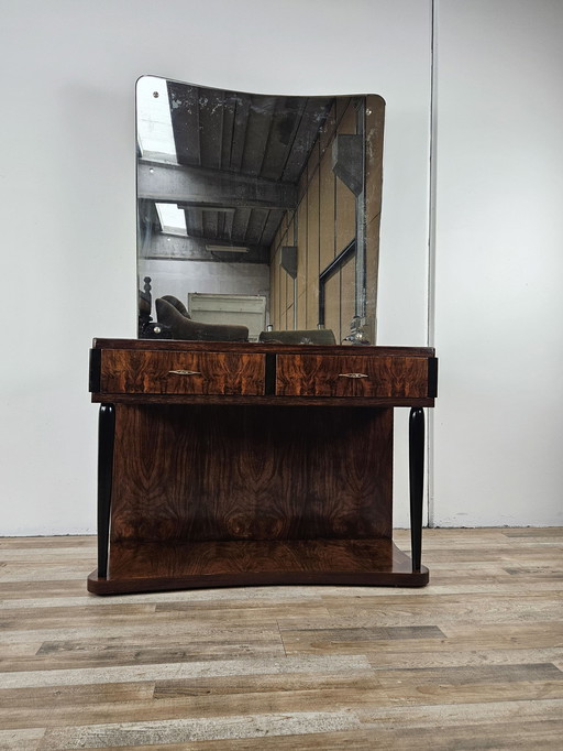 Art Decò Dressing Table In Briar With Large Mirror And Pink Glass