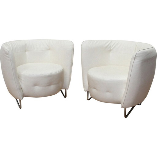 Pair of vintage Maybe armchairs in chrome metal and white leatherette for Cotta