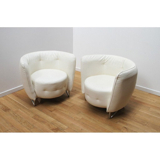 Pair of vintage Maybe armchairs in chrome metal and white leatherette for Cotta