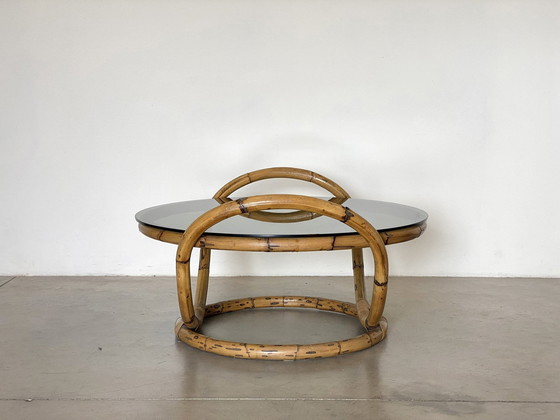 Image 1 of Round bamboo coffee table with smoked glass top, 1970s