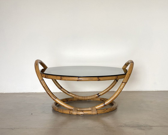 Image 1 of Round bamboo coffee table with smoked glass top, 1970s