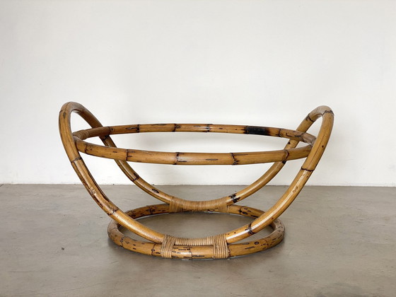 Image 1 of Round bamboo coffee table with smoked glass top, 1970s