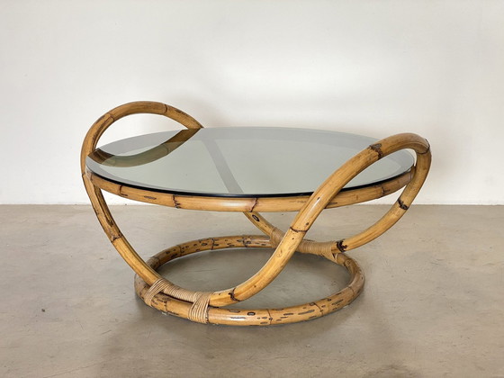 Image 1 of Round bamboo coffee table with smoked glass top, 1970s