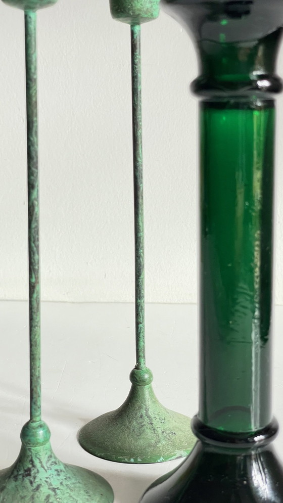 Image 1 of Green Glass And Metal Candleholders