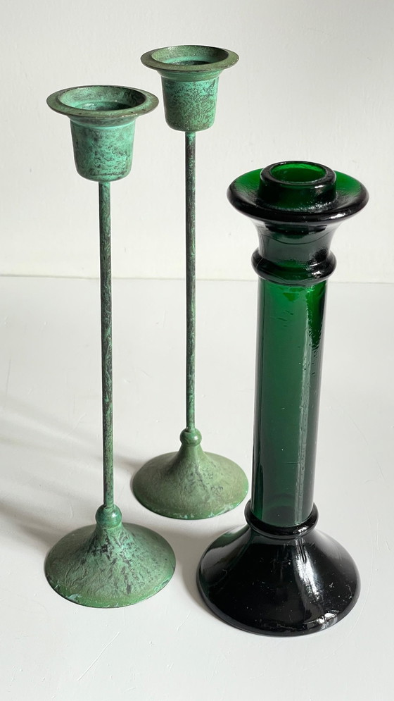 Image 1 of Green Glass And Metal Candleholders