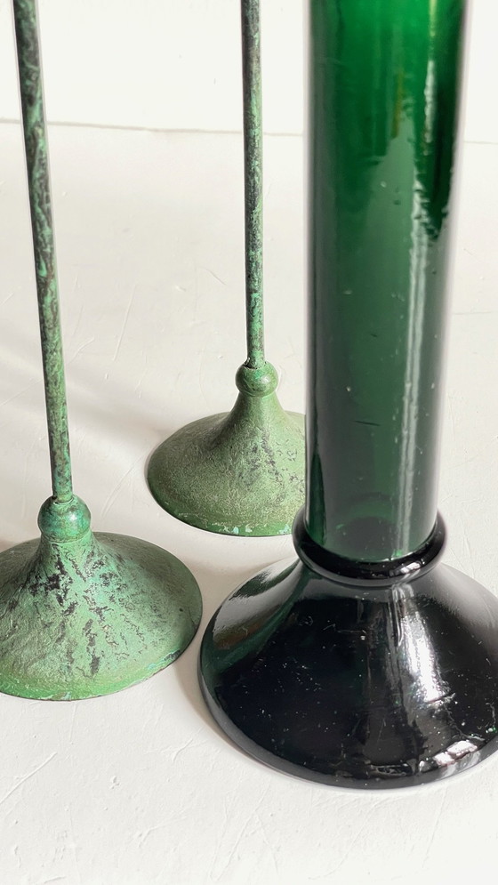 Image 1 of Green Glass And Metal Candleholders