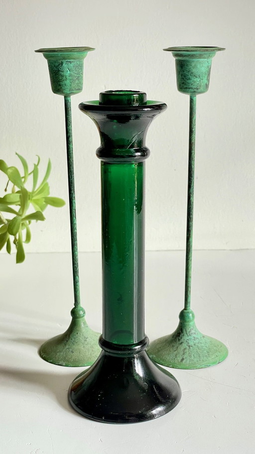 Green Glass And Metal Candleholders