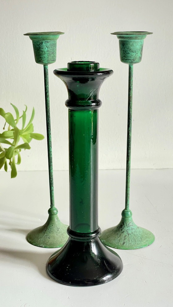 Image 1 of Green Glass And Metal Candleholders