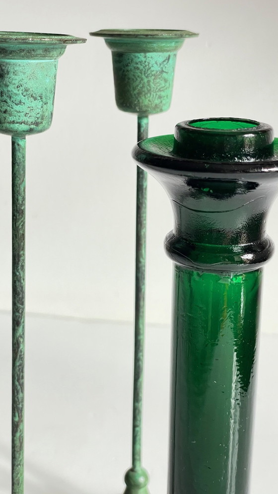 Image 1 of Green Glass And Metal Candleholders