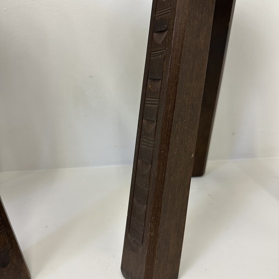 Image 1 of Set of 2 oak stools hand carved brutalist