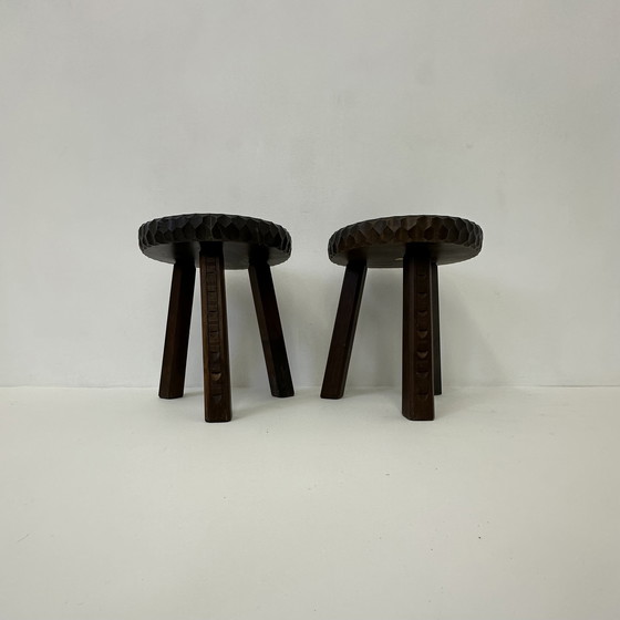 Image 1 of Set of 2 oak stools hand carved brutalist