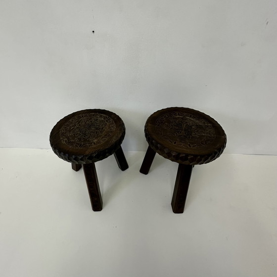 Image 1 of Set of 2 oak stools hand carved brutalist