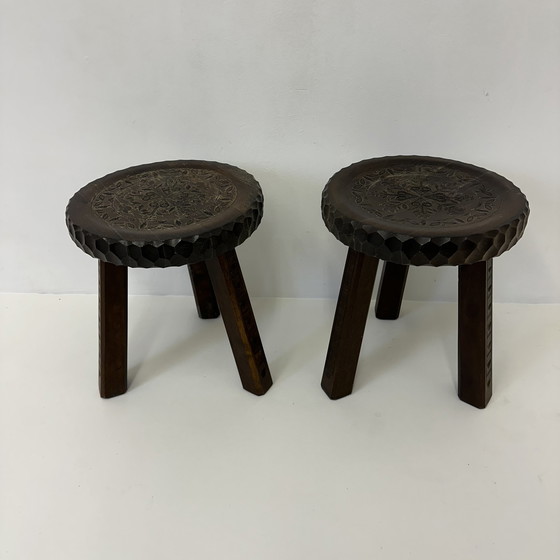 Image 1 of Set of 2 oak stools hand carved brutalist