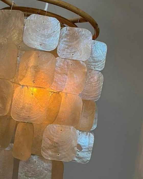 Image 1 of Set Of 2 Capiz Shells Pendant Lamps Bamboo Frame