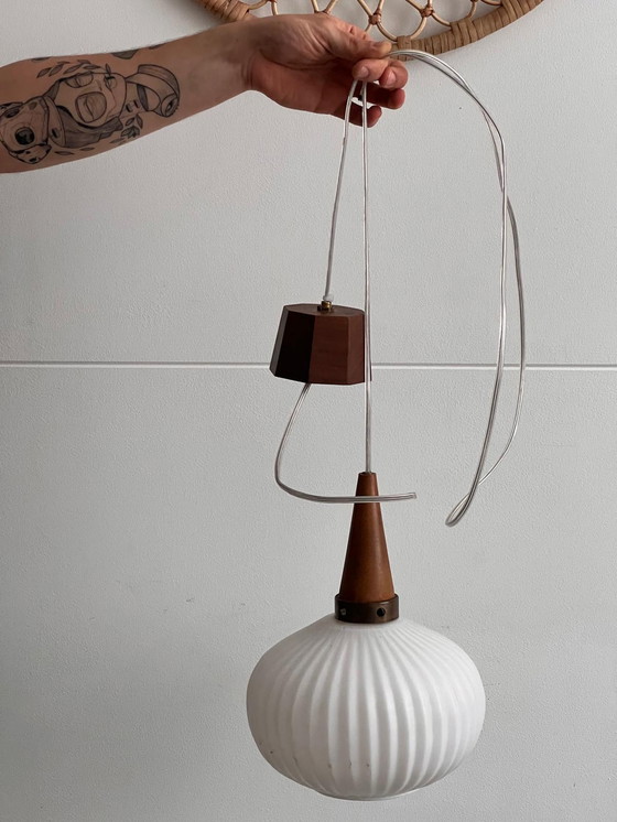 Image 1 of Massive 60's milk glass pendant with wood and metal accents