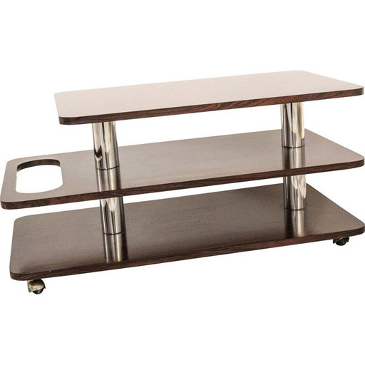 Vintage coffee bar table in rosewood laminate and chromed metal, Italy 1970