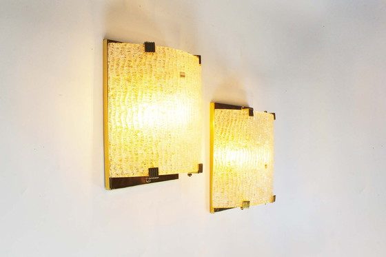 Image 1 of Pair Of Large 1970'S Italian Brass & Glass Glass Wall Lights