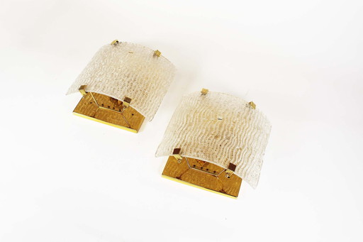 Pair Of Large 1970'S Italian Brass & Glass Glass Wall Lights