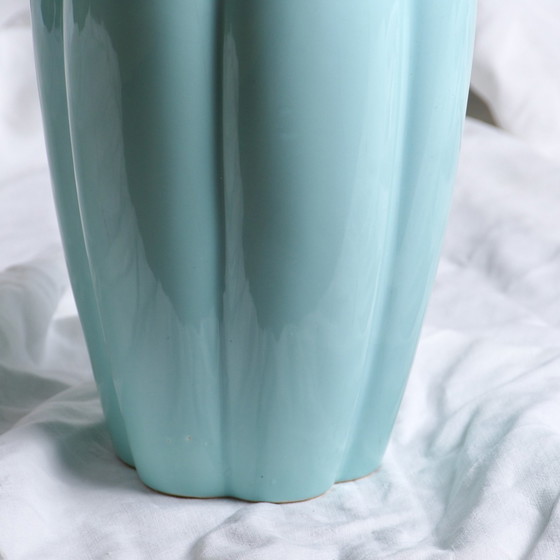 Image 1 of Large 1970s Turquoise Tulip Shaped Ceramic Vase