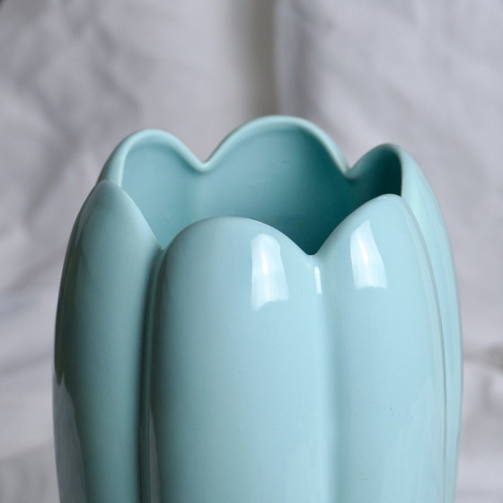 Image 1 of Large 1970s Turquoise Tulip Shaped Ceramic Vase