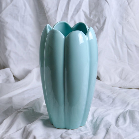 Image 1 of Large 1970s Turquoise Tulip Shaped Ceramic Vase