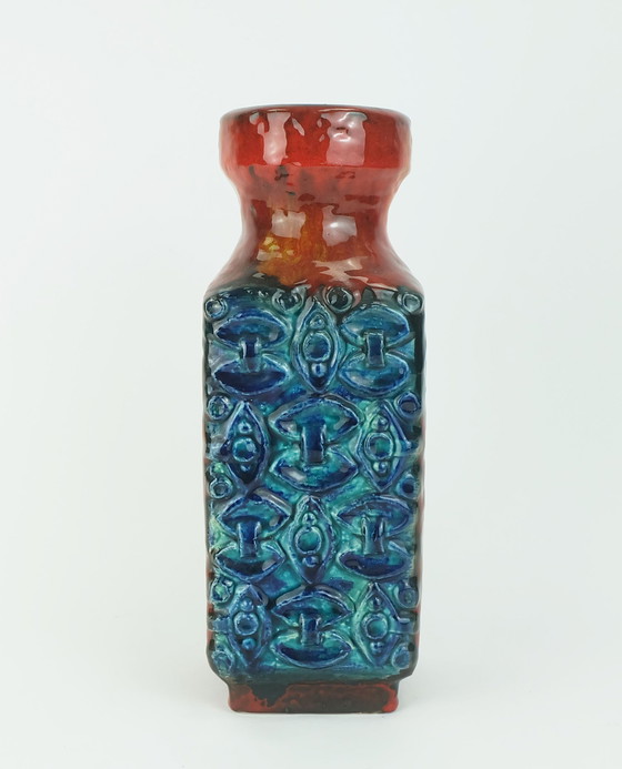 Image 1 of 1960s bay keramik VASE relief decor blue turquoise red orange model 986-30 WGP