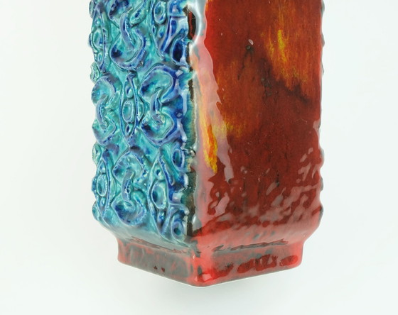 Image 1 of 1960s bay keramik VASE relief decor blue turquoise red orange model 986-30 WGP