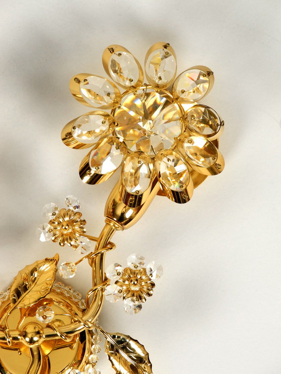 Image 1 of Very elegant large 1970s brass crystal glass floral wall lamp by Ernst Palme in unused condition