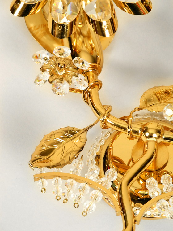 Image 1 of Very elegant large 1970s brass crystal glass floral wall lamp by Ernst Palme in unused condition