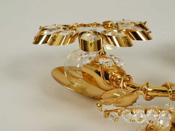 Image 1 of Very elegant large 1970s brass crystal glass floral wall lamp by Ernst Palme in unused condition