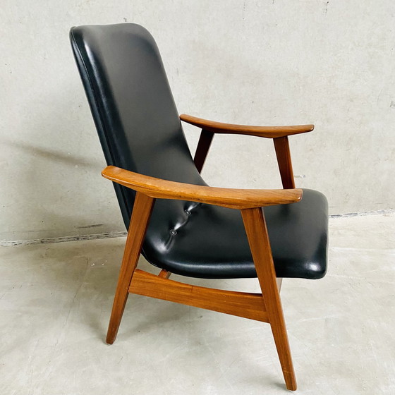 Image 1 of Elegant Set Of Two Mid - Century Black Skai Leather Armchairs With Teak Wood Frame | 1960s