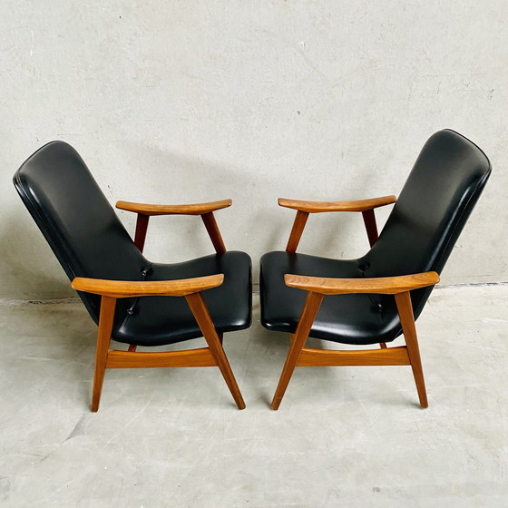 Image 1 of Elegant Set Of Two Mid - Century Black Skai Leather Armchairs With Teak Wood Frame | 1960s