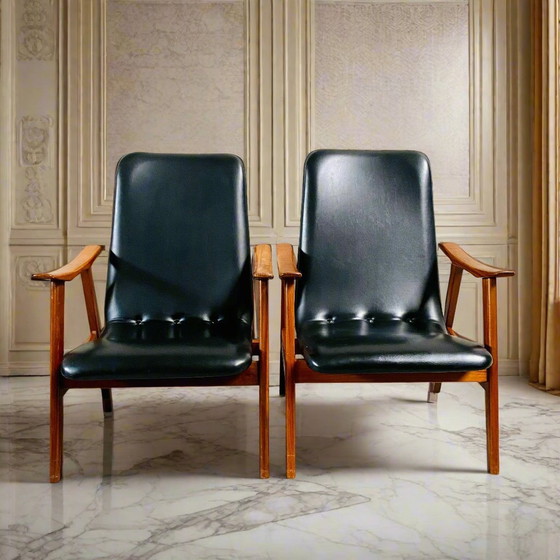 Image 1 of Elegant Set Of Two Mid - Century Black Skai Leather Armchairs With Teak Wood Frame | 1960s