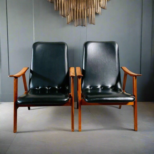 Elegant Set Of Two Mid - Century Black Skai Leather Armchairs With Teak Wood Frame | 1960s