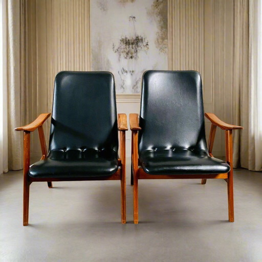 Elegant Set Of Two Mid - Century Black Skai Leather Armchairs With Teak Wood Frame | 1960s