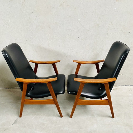 Image 1 of Elegant Set Of Two Mid - Century Black Skai Leather Armchairs With Teak Wood Frame | 1960s