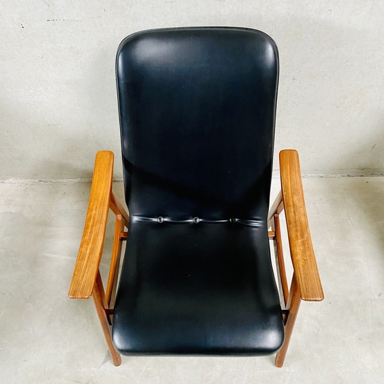 Image 1 of Elegant Set Of Two Mid - Century Black Skai Leather Armchairs With Teak Wood Frame | 1960s